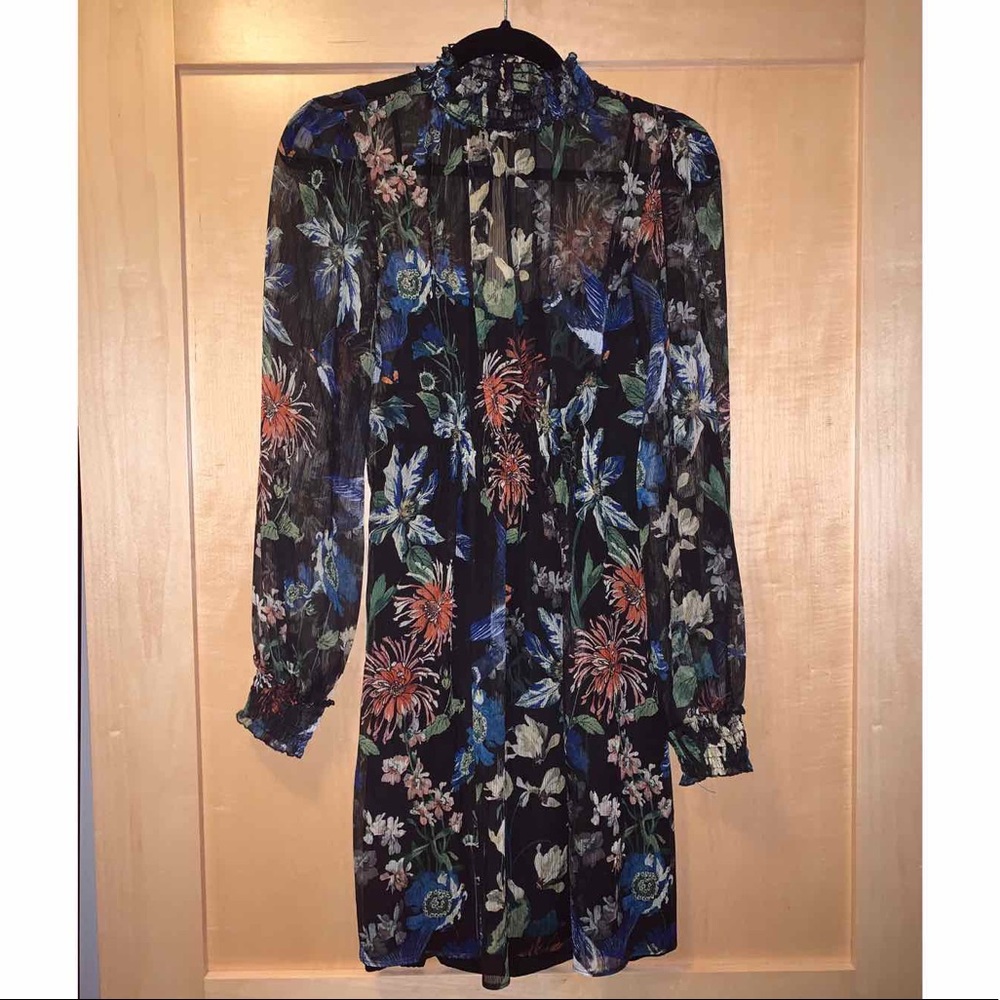 Black Floral Print Long Sleeve Dress